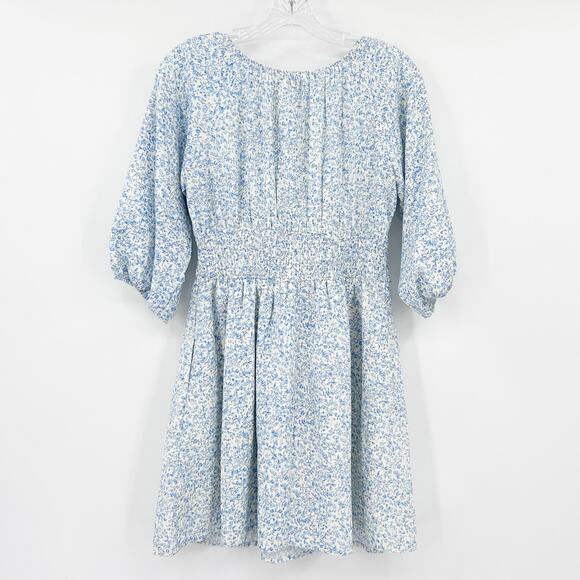 Baltic Born Koa Short Dress Blue Cream Ditsy Floral Smocked Waist Womens Sz S - Picture 8 of 12